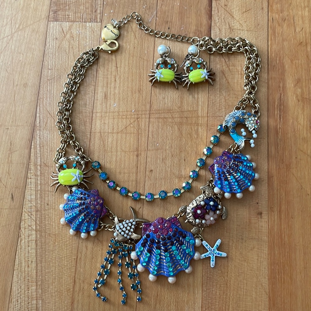 betsey johnson ocean crab shell turtle fish bedazzled sea earrings & necklace